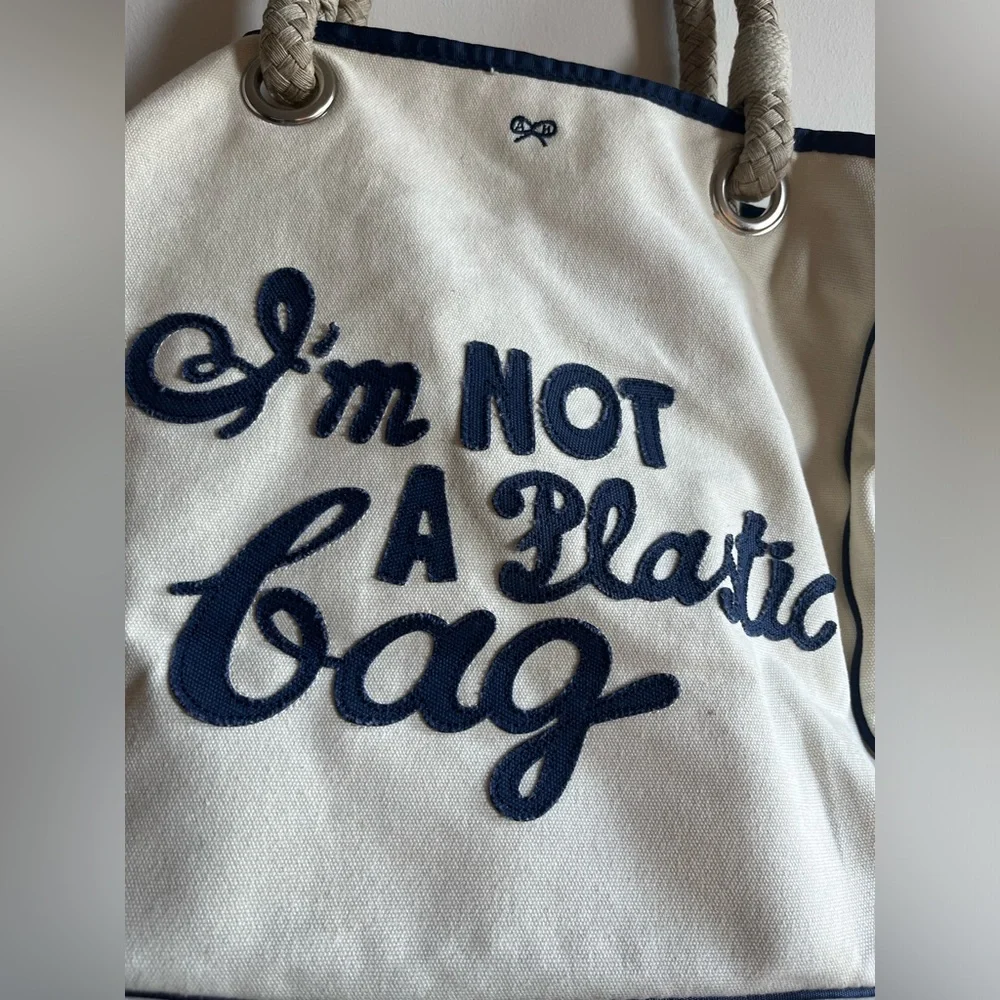 Anya Hindmarch London I AM NOT A PLASTIC BAG Cream and Navy Canvas Tote Bag - Picture 3 of 13